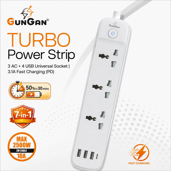 GunGaN Turbo Power Strip — 3 AC + 4 USB, 3.1A Fast Charge