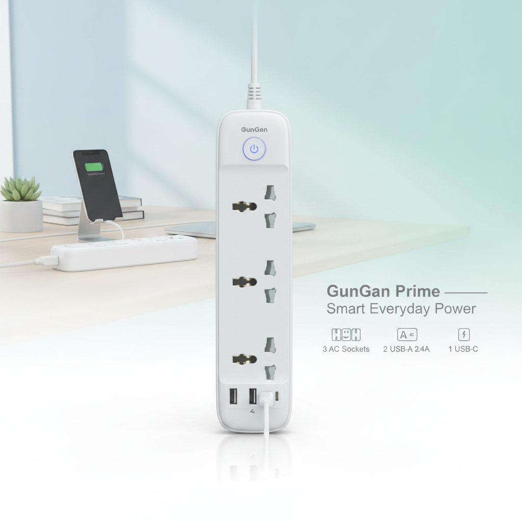 GunGaN Prime 6-Way Power Strip | 3 AC + 3 USB