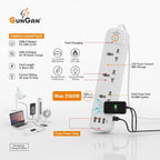 GunGaN Turbo — Full spec callouts: USB-C 20W, USB-A QC, LED switch, 2m BIS cord